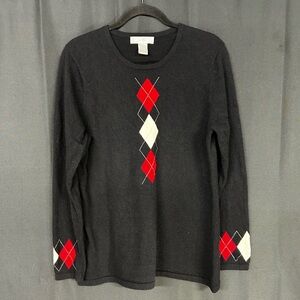 Vintage 100% Cashmere Black Argyle Sweater Red White Preppy Crewneck L 90’s